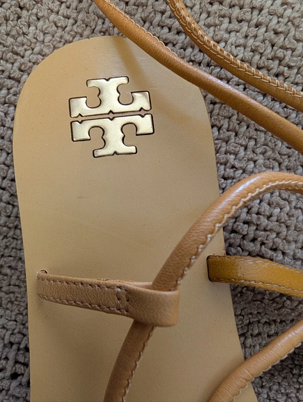 Tory Burch Capri Sandals Thong Mustard Yellow Gold Wrap-around Ankle Straps Sz 7